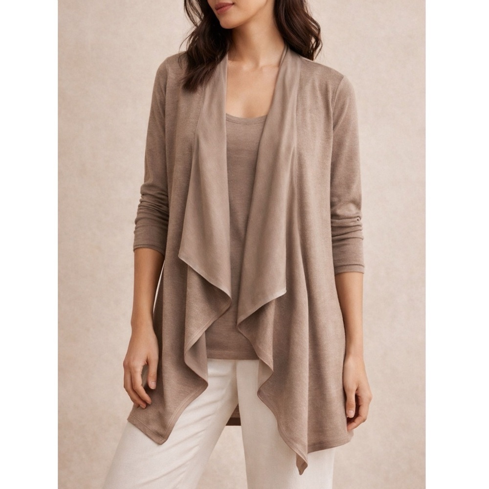 Garnet Hill Waterfall Drape Cardigan Silk Trim Open Front Tan XS Neutral Office